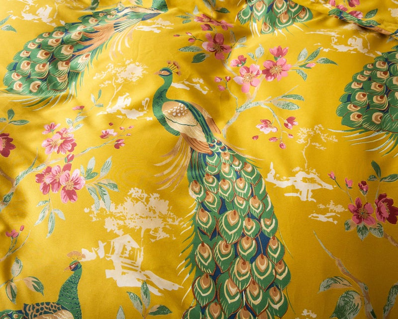 Eikei Chinoiserie Chic Peacock Floral Duvet Cover Paradise Garden Botanical Bird and Tree Branches Vintage Stylized Long Staple Cotton Bedding Set (Queen, Citrine) - Image 5